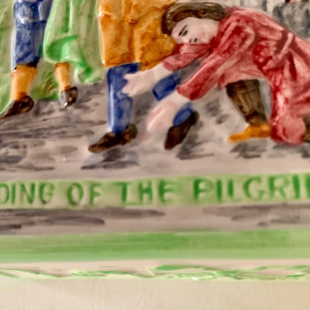 Vintage Landing Of The Piligrims Ceramic Trinket Box Italy 2.5/4/5”